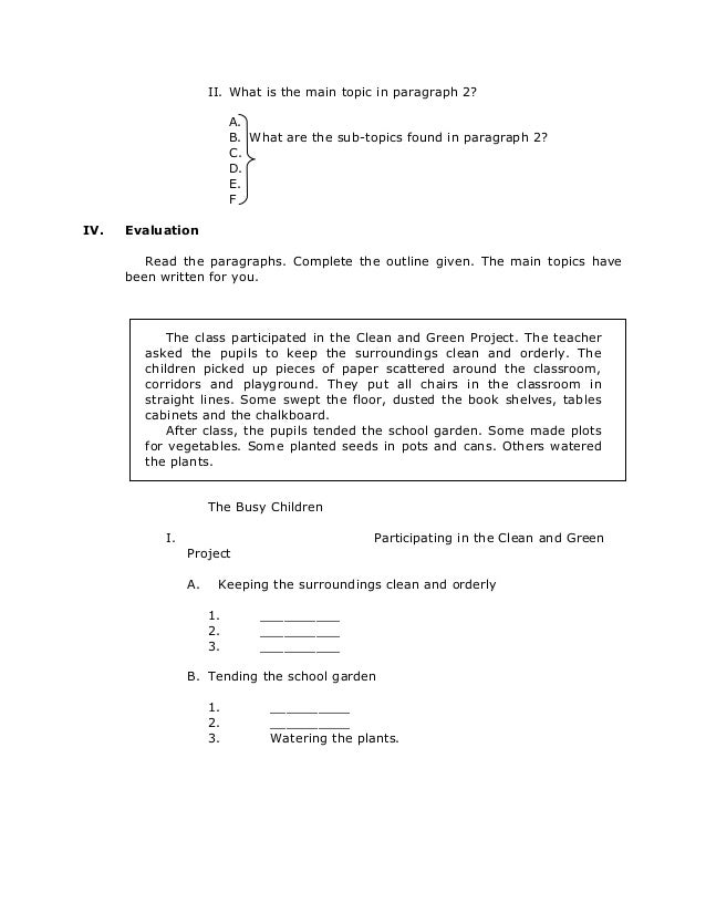 grade 6 english reading outlining a two paragraph passage