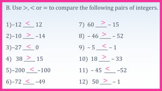 B. Use >, < or = to compare the following pairs of integers.
1)–12 _____ 12 7) 60 _____ – 15
2)–10 _____ –14 8) – 46 _____ – 52
3)–27 _____ 0 9) – 5 _____ – 1
4) 38 _____ 15 10) 18 _____ – 33
5)–200 _____–100 11) – 45 _____ –52
6)–72 _____ –49 12) 50 _____ – 1
<
>
<
>
<
<
>
>
<
>
<
>
 