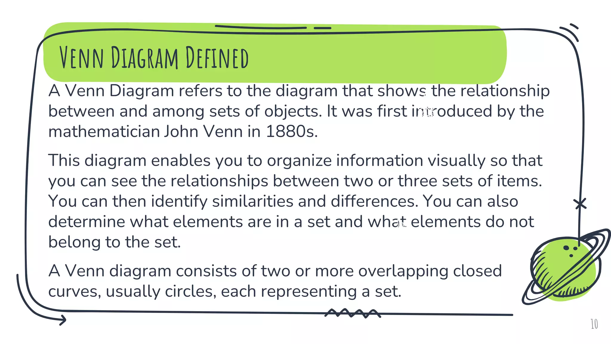 Venn Diagram Defined
A Venn Diagram refers to the diagram that shows the relationship
between and among sets of objects. It was first introduced by the
mathematician John Venn in 1880s.
This diagram enables you to organize information visually so that
you can see the relationships between two or three sets of items.
You can then identify similarities and differences. You can also
determine what elements are in a set and what elements do not
belong to the set.
A Venn diagram consists of two or more overlapping closed
curves, usually circles, each representing a set.
10
 