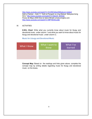 http://www.youtube.com/watch?v=XnHNCdjIwoE&feature=related
     Dalit a Pakibat – Dalit 71 “Dalit at Pangadi na ning Metwat’ Mebyasa keng
     Ginu” http://www.youtube.com/watch?v=0abuN_bKAQA
     Flores de Mayo 2009 Dios te Salve Minalin amanuningbie.com
     http://www.youtube.com/watch?v=MPY6hIAnuQE


IX   ACTIVITIES

     K-W-L Chart: Write what you currently know about music for liturgy and
     devotional music under column 1 and what you want to know about music for
     liturgy and devotional music under column 2.

     Music for Liturgy and Devotional Music




     Concept Map: Based on the readings and links given above, complete the
     concept map by writing details regarding music for liturgy and devotional
     music on the boxes.




                                       9
 