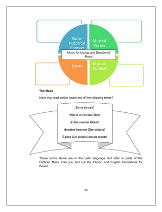 Music for Liturgy and Devotional
                                 Music
                  MMjsicMMusicMsuicMsuicReligious
                   music influenced by the Spanish




The Mass

Have you read and/or heard any of the following terms?


                          Kyrie eleison?

                      Gloria in excelsis Deo?

                      Credo inunum Deum?

                  Sanctus dominus Deo sabaoth?

                Agnus Dei quitolis peccata mundi?




These terms above are in the Latin language and refer to parts of the
Catholic Mass. Can you find out the Filipino and English translations for
these?




                                 10
 