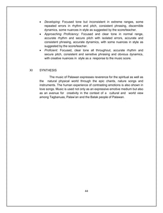    Developing: Focused tone but inconsistent in extreme ranges, some
         repeated errors in rhythm and pitch, consistent phrasing, discernible
         dynamics, some nuances in style as suggested by the score/teacher.
        Approaching Proficiency: Focused and clear tone in normal range,
         accurate rhythm and secure pitch with isolated errors, accurate and
         consistent phrasing, accurate dynamics, with some nuances in style as
         suggested by the score/teacher.
        Proficient: Focused, clear tone all throughout, accurate rhythm and
         secure pitch, consistent and sensitive phrasing and obvious dynamics,
         with creative nuances in style as a response to the music score.


XI   SYNTHESIS

            The music of Palawan expresses reverence for the spiritual as well as
     the natural physical world through the epic chants, nature songs and
     instruments. The human experience of contrasting emotions is also shown in
     love songs. Music is used not only as an expressive emotive medium but also
     as an avenue for creativity in the context of a cultural and world view
     among Tagbanuas, Palaw’an and the Batak people of Palawan.




                                      44
 