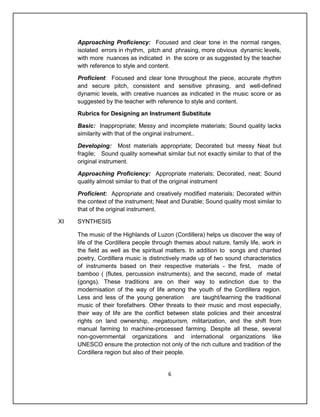 Approaching Proficiency: Focused and clear tone in the normal ranges,
     isolated errors in rhythm, pitch and phrasing, more obvious dynamic levels,
     with more nuances as indicated in the score or as suggested by the teacher
     with reference to style and content.

     Proficient: Focused and clear tone throughout the piece, accurate rhythm
     and secure pitch, consistent and sensitive phrasing, and well-defined
     dynamic levels, with creative nuances as indicated in the music score or as
     suggested by the teacher with reference to style and content.

     Rubrics for Designing an Instrument Substitute

     Basic: Inappropriate; Messy and incomplete materials; Sound quality lacks
     similarity with that of the original instrument..

     Developing: Most materials appropriate; Decorated but messy Neat but
     fragile; Sound quality somewhat similar but not exactly similar to that of the
     original instrument.

     Approaching Proficiency: Appropriate materials; Decorated, neat; Sound
     quality almost similar to that of the original instrument

     Proficient: Appropriate and creatively modified materials; Decorated within
     the context of the instrument; Neat and Durable; Sound quality most similar to
     that of the original instrument.

XI   SYNTHESIS

     The music of the Highlands of Luzon (Cordillera) helps us discover the way of
     life of the Cordillera people through themes about nature, family life, work in
     the field as well as the spiritual matters. In addition to songs and chanted
     poetry, Cordillera music is distinctively made up of two sound characteristics
     of instruments based on their respective materials - the first, made of
     bamboo ( (flutes, percussion instruments), and the second, made of metal
     (gongs). These traditions are on their way to extinction due to the
     modernisation of the way of life among the youth of the Cordillera region.
     Less and less of the young generation are taught/learning the traditional
     music of their forefathers. Other threats to their music and most especially,
     their way of life are the conflict between state policies and their ancestral
     rights on land ownership, megatourism, militarization, and the shift from
     manual farming to machine-processed farming. Despite all these, several
     non-governmental organizations and international organizations like
     UNESCO ensure the protection not only of the rich culture and tradition of the
     Cordillera region but also of their people.


                                        6
 