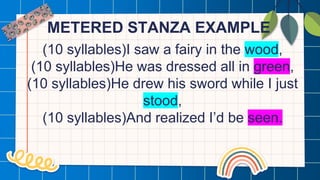 METERED STANZA EXAMPLE
(10 syllables)I saw a fairy in the wood,
(10 syllables)He was dressed all in green,
(10 syllables)He drew his sword while I just
stood,
(10 syllables)And realized I’d be seen.
 
