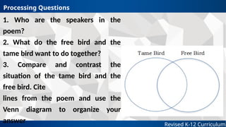 Revised K-12 Curriculum
1. Who are the speakers in the
poem?
2. What do the free bird and the
tame bird want to do together?
3. Compare and contrast the
situation of the tame bird and the
free bird. Cite
lines from the poem and use the
Venn diagram to organize your
answer
Processing Questions
 