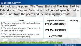 Revised K-12 Curriculum
Go back to the poem, The Tame Bird and The Free Bird by
Rabindranath Tagore. Determine the figure of speech used in
these lines from the poem and the meaning they create.
A. Lesson Activity
PERSONIFICATION
PERSONIFICATION
ANTITHESIS
 