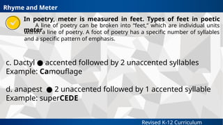 Revised K-12 Curriculum
In poetry, meter is measured in feet. Types of feet in poetic
meter
Rhyme and Meter
A line of poetry can be broken into “feet,” which are individual units
within a line of poetry. A foot of poetry has a specific number of syllables
and a specific pattern of emphasis.
c. Dactyl accented followed by 2 unaccented syllables
●
Example: Camouflage
d. anapest 2 unaccented followed by 1 accented syllable
●
Example: superCEDE
 