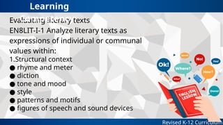 Evaluating literary texts
EN8LIT-I-1 Analyze literary texts as
expressions of individual or communal
values within:
1.Structural context
● rhyme and meter
● diction
● tone and mood
● style
● patterns and motifs
● figures of speech and sound devices
Revised K-12 Curriculum
Learning
Competency:
 