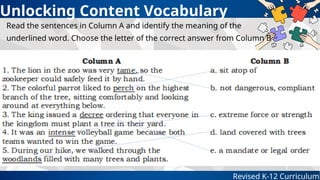 Unlocking Content Vocabulary
Revised K-12 Curriculum
Read the sentences in Column A and identify the meaning of the
underlined word. Choose the letter of the correct answer from Column B
 