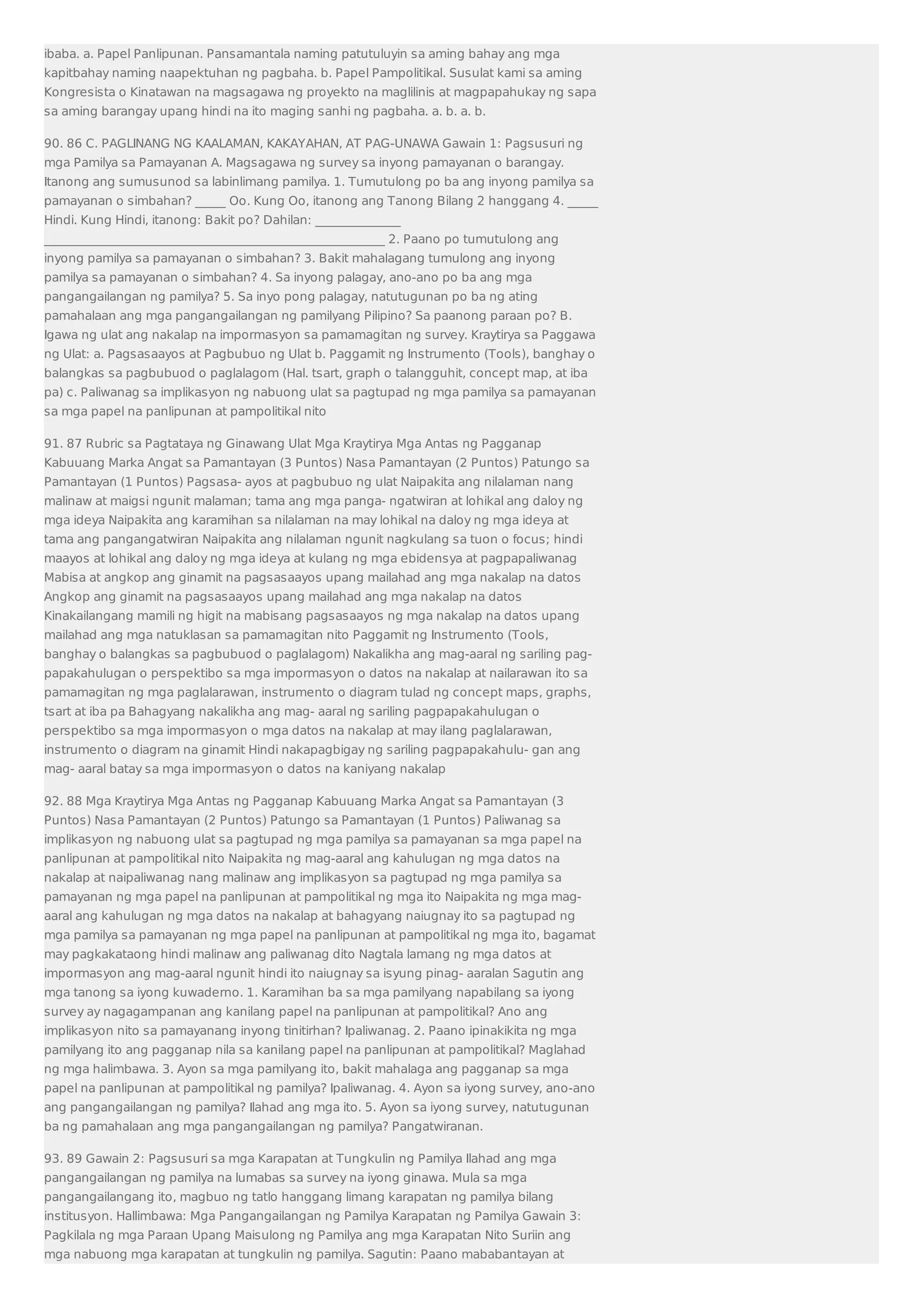 ibaba. a. Papel Panlipunan. Pansamantala naming patutuluyin sa aming bahay ang mga 
kapitbahay naming naapektuhan ng pagbaha. b. Papel Pampolitikal. Susulat kami sa aming 
Kongresista o Kinatawan na magsagawa ng proyekto na maglilinis at magpapahukay ng sapa 
sa aming barangay upang hindi na ito maging sanhi ng pagbaha. a. b. a. b. 
90. 86 C. PAGLINANG NG KAALAMAN, KAKAYAHAN, AT PAG-UNAWA Gawain 1: Pagsusuri ng 
mga Pamilya sa Pamayanan A. Magsagawa ng survey sa inyong pamayanan o barangay. 
Itanong ang sumusunod sa labinlimang pamilya. 1. Tumutulong po ba ang inyong pamilya sa 
pamayanan o simbahan? _____ Oo. Kung Oo, itanong ang Tanong Bilang 2 hanggang 4. _____ 
Hindi. Kung Hindi, itanong: Bakit po? Dahilan: ______________ 
________________________________________________________ 2. Paano po tumutulong ang 
inyong pamilya sa pamayanan o simbahan? 3. Bakit mahalagang tumulong ang inyong 
pamilya sa pamayanan o simbahan? 4. Sa inyong palagay, ano-ano po ba ang mga 
pangangailangan ng pamilya? 5. Sa inyo pong palagay, natutugunan po ba ng ating 
pamahalaan ang mga pangangailangan ng pamilyang Pilipino? Sa paanong paraan po? B. 
Igawa ng ulat ang nakalap na impormasyon sa pamamagitan ng survey. Kraytirya sa Paggawa 
ng Ulat: a. Pagsasaayos at Pagbubuo ng Ulat b. Paggamit ng Instrumento (Tools), banghay o 
balangkas sa pagbubuod o paglalagom (Hal. tsart, graph o talangguhit, concept map, at iba 
pa) c. Paliwanag sa implikasyon ng nabuong ulat sa pagtupad ng mga pamilya sa pamayanan 
sa mga papel na panlipunan at pampolitikal nito 
91. 87 Rubric sa Pagtataya ng Ginawang Ulat Mga Kraytirya Mga Antas ng Pagganap 
Kabuuang Marka Angat sa Pamantayan (3 Puntos) Nasa Pamantayan (2 Puntos) Patungo sa 
Pamantayan (1 Puntos) Pagsasa- ayos at pagbubuo ng ulat Naipakita ang nilalaman nang 
malinaw at maigsi ngunit malaman; tama ang mga panga- ngatwiran at lohikal ang daloy ng 
mga ideya Naipakita ang karamihan sa nilalaman na may lohikal na daloy ng mga ideya at 
tama ang pangangatwiran Naipakita ang nilalaman ngunit nagkulang sa tuon o focus; hindi 
maayos at lohikal ang daloy ng mga ideya at kulang ng mga ebidensya at pagpapaliwanag 
Mabisa at angkop ang ginamit na pagsasaayos upang mailahad ang mga nakalap na datos 
Angkop ang ginamit na pagsasaayos upang mailahad ang mga nakalap na datos 
Kinakailangang mamili ng higit na mabisang pagsasaayos ng mga nakalap na datos upang 
mailahad ang mga natuklasan sa pamamagitan nito Paggamit ng Instrumento (Tools, 
banghay o balangkas sa pagbubuod o paglalagom) Nakalikha ang mag-aaral ng sariling pag-papakahulugan 
o perspektibo sa mga impormasyon o datos na nakalap at nailarawan ito sa 
pamamagitan ng mga paglalarawan, instrumento o diagram tulad ng concept maps, graphs, 
tsart at iba pa Bahagyang nakalikha ang mag- aaral ng sariling pagpapakahulugan o 
perspektibo sa mga impormasyon o mga datos na nakalap at may ilang paglalarawan, 
instrumento o diagram na ginamit Hindi nakapagbigay ng sariling pagpapakahulu- gan ang 
mag- aaral batay sa mga impormasyon o datos na kaniyang nakalap 
92. 88 Mga Kraytirya Mga Antas ng Pagganap Kabuuang Marka Angat sa Pamantayan (3 
Puntos) Nasa Pamantayan (2 Puntos) Patungo sa Pamantayan (1 Puntos) Paliwanag sa 
implikasyon ng nabuong ulat sa pagtupad ng mga pamilya sa pamayanan sa mga papel na 
panlipunan at pampolitikal nito Naipakita ng mag-aaral ang kahulugan ng mga datos na 
nakalap at naipaliwanag nang malinaw ang implikasyon sa pagtupad ng mga pamilya sa 
pamayanan ng mga papel na panlipunan at pampolitikal ng mga ito Naipakita ng mga mag-aaral 
ang kahulugan ng mga datos na nakalap at bahagyang naiugnay ito sa pagtupad ng 
mga pamilya sa pamayanan ng mga papel na panlipunan at pampolitikal ng mga ito, bagamat 
may pagkakataong hindi malinaw ang paliwanag dito Nagtala lamang ng mga datos at 
impormasyon ang mag-aaral ngunit hindi ito naiugnay sa isyung pinag- aaralan Sagutin ang 
mga tanong sa iyong kuwaderno. 1. Karamihan ba sa mga pamilyang napabilang sa iyong 
survey ay nagagampanan ang kanilang papel na panlipunan at pampolitikal? Ano ang 
implikasyon nito sa pamayanang inyong tinitirhan? Ipaliwanag. 2. Paano ipinakikita ng mga 
pamilyang ito ang pagganap nila sa kanilang papel na panlipunan at pampolitikal? Maglahad 
ng mga halimbawa. 3. Ayon sa mga pamilyang ito, bakit mahalaga ang pagganap sa mga 
papel na panlipunan at pampolitikal ng pamilya? Ipaliwanag. 4. Ayon sa iyong survey, ano-ano 
ang pangangailangan ng pamilya? Ilahad ang mga ito. 5. Ayon sa iyong survey, natutugunan 
ba ng pamahalaan ang mga pangangailangan ng pamilya? Pangatwiranan. 
93. 89 Gawain 2: Pagsusuri sa mga Karapatan at Tungkulin ng Pamilya Ilahad ang mga 
pangangailangan ng pamilya na lumabas sa survey na iyong ginawa. Mula sa mga 
pangangailangang ito, magbuo ng tatlo hanggang limang karapatan ng pamilya bilang 
institusyon. Hallimbawa: Mga Pangangailangan ng Pamilya Karapatan ng Pamilya Gawain 3: 
Pagkilala ng mga Paraan Upang Maisulong ng Pamilya ang mga Karapatan Nito Suriin ang 
mga nabuong mga karapatan at tungkulin ng pamilya. Sagutin: Paano mababantayan at 
 