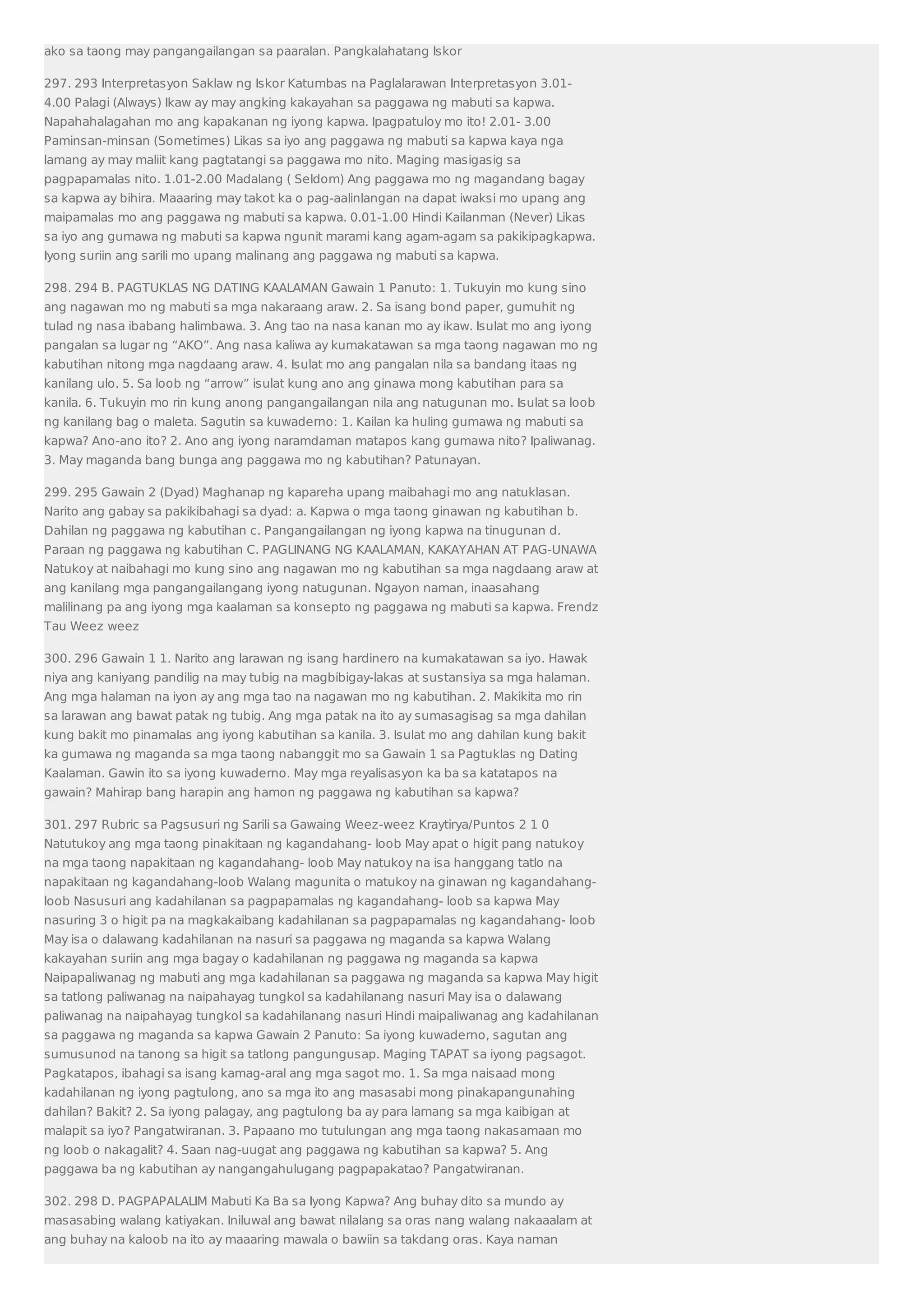 ako sa taong may pangangailangan sa paaralan. Pangkalahatang Iskor 
297. 293 Interpretasyon Saklaw ng Iskor Katumbas na Paglalarawan Interpretasyon 3.01- 
4.00 Palagi (Always) Ikaw ay may angking kakayahan sa paggawa ng mabuti sa kapwa. 
Napahahalagahan mo ang kapakanan ng iyong kapwa. Ipagpatuloy mo ito! 2.01- 3.00 
Paminsan-minsan (Sometimes) Likas sa iyo ang paggawa ng mabuti sa kapwa kaya nga 
lamang ay may maliit kang pagtatangi sa paggawa mo nito. Maging masigasig sa 
pagpapamalas nito. 1.01-2.00 Madalang ( Seldom) Ang paggawa mo ng magandang bagay 
sa kapwa ay bihira. Maaaring may takot ka o pag-aalinlangan na dapat iwaksi mo upang ang 
maipamalas mo ang paggawa ng mabuti sa kapwa. 0.01-1.00 Hindi Kailanman (Never) Likas 
sa iyo ang gumawa ng mabuti sa kapwa ngunit marami kang agam-agam sa pakikipagkapwa. 
Iyong suriin ang sarili mo upang malinang ang paggawa ng mabuti sa kapwa. 
298. 294 B. PAGTUKLAS NG DATING KAALAMAN Gawain 1 Panuto: 1. Tukuyin mo kung sino 
ang nagawan mo ng mabuti sa mga nakaraang araw. 2. Sa isang bond paper, gumuhit ng 
tulad ng nasa ibabang halimbawa. 3. Ang tao na nasa kanan mo ay ikaw. Isulat mo ang iyong 
pangalan sa lugar ng “AKO”. Ang nasa kaliwa ay kumakatawan sa mga taong nagawan mo ng 
kabutihan nitong mga nagdaang araw. 4. Isulat mo ang pangalan nila sa bandang itaas ng 
kanilang ulo. 5. Sa loob ng “arrow” isulat kung ano ang ginawa mong kabutihan para sa 
kanila. 6. Tukuyin mo rin kung anong pangangailangan nila ang natugunan mo. Isulat sa loob 
ng kanilang bag o maleta. Sagutin sa kuwaderno: 1. Kailan ka huling gumawa ng mabuti sa 
kapwa? Ano-ano ito? 2. Ano ang iyong naramdaman matapos kang gumawa nito? Ipaliwanag. 
3. May maganda bang bunga ang paggawa mo ng kabutihan? Patunayan. 
299. 295 Gawain 2 (Dyad) Maghanap ng kapareha upang maibahagi mo ang natuklasan. 
Narito ang gabay sa pakikibahagi sa dyad: a. Kapwa o mga taong ginawan ng kabutihan b. 
Dahilan ng paggawa ng kabutihan c. Pangangailangan ng iyong kapwa na tinugunan d. 
Paraan ng paggawa ng kabutihan C. PAGLINANG NG KAALAMAN, KAKAYAHAN AT PAG-UNAWA 
Natukoy at naibahagi mo kung sino ang nagawan mo ng kabutihan sa mga nagdaang araw at 
ang kanilang mga pangangailangang iyong natugunan. Ngayon naman, inaasahang 
malilinang pa ang iyong mga kaalaman sa konsepto ng paggawa ng mabuti sa kapwa. Frendz 
Tau Weez weez 
300. 296 Gawain 1 1. Narito ang larawan ng isang hardinero na kumakatawan sa iyo. Hawak 
niya ang kaniyang pandilig na may tubig na magbibigay-lakas at sustansiya sa mga halaman. 
Ang mga halaman na iyon ay ang mga tao na nagawan mo ng kabutihan. 2. Makikita mo rin 
sa larawan ang bawat patak ng tubig. Ang mga patak na ito ay sumasagisag sa mga dahilan 
kung bakit mo pinamalas ang iyong kabutihan sa kanila. 3. Isulat mo ang dahilan kung bakit 
ka gumawa ng maganda sa mga taong nabanggit mo sa Gawain 1 sa Pagtuklas ng Dating 
Kaalaman. Gawin ito sa iyong kuwaderno. May mga reyalisasyon ka ba sa katatapos na 
gawain? Mahirap bang harapin ang hamon ng paggawa ng kabutihan sa kapwa? 
301. 297 Rubric sa Pagsusuri ng Sarili sa Gawaing Weez-weez Kraytirya/Puntos 2 1 0 
Natutukoy ang mga taong pinakitaan ng kagandahang- loob May apat o higit pang natukoy 
na mga taong napakitaan ng kagandahang- loob May natukoy na isa hanggang tatlo na 
napakitaan ng kagandahang-loob Walang magunita o matukoy na ginawan ng kagandahang-loob 
Nasusuri ang kadahilanan sa pagpapamalas ng kagandahang- loob sa kapwa May 
nasuring 3 o higit pa na magkakaibang kadahilanan sa pagpapamalas ng kagandahang- loob 
May isa o dalawang kadahilanan na nasuri sa paggawa ng maganda sa kapwa Walang 
kakayahan suriin ang mga bagay o kadahilanan ng paggawa ng maganda sa kapwa 
Naipapaliwanag ng mabuti ang mga kadahilanan sa paggawa ng maganda sa kapwa May higit 
sa tatlong paliwanag na naipahayag tungkol sa kadahilanang nasuri May isa o dalawang 
paliwanag na naipahayag tungkol sa kadahilanang nasuri Hindi maipaliwanag ang kadahilanan 
sa paggawa ng maganda sa kapwa Gawain 2 Panuto: Sa iyong kuwaderno, sagutan ang 
sumusunod na tanong sa higit sa tatlong pangungusap. Maging TAPAT sa iyong pagsagot. 
Pagkatapos, ibahagi sa isang kamag-aral ang mga sagot mo. 1. Sa mga naisaad mong 
kadahilanan ng iyong pagtulong, ano sa mga ito ang masasabi mong pinakapangunahing 
dahilan? Bakit? 2. Sa iyong palagay, ang pagtulong ba ay para lamang sa mga kaibigan at 
malapit sa iyo? Pangatwiranan. 3. Papaano mo tutulungan ang mga taong nakasamaan mo 
ng loob o nakagalit? 4. Saan nag-uugat ang paggawa ng kabutihan sa kapwa? 5. Ang 
paggawa ba ng kabutihan ay nangangahulugang pagpapakatao? Pangatwiranan. 
302. 298 D. PAGPAPALALIM Mabuti Ka Ba sa Iyong Kapwa? Ang buhay dito sa mundo ay 
masasabing walang katiyakan. Iniluwal ang bawat nilalang sa oras nang walang nakaaalam at 
ang buhay na kaloob na ito ay maaaring mawala o bawiin sa takdang oras. Kaya naman 
 