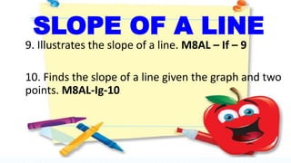 9. Illustrates the slope of a line. M8AL – If – 9
10. Finds the slope of a line given the graph and two
points. M8AL-Ig-10
SLOPE OF A LINE
 