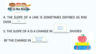 4. THE SLOPE OF A LINE IS SOMETIMES DEFINED AS RISE
OVER ________.
5. THE SLOPE OF A IS A CHANGE IN _________ DIVIDED
BY THE CHANGE IN _________.
run
Vertical
distance
Horizontal
Distance
Fill in the blanks.
 
