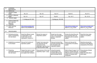 III. LEARNING
RESOURCES
A. References
1. Teacher’s Guide
pages Pp. 2-3 Pp. 4-5 Pp. 6-7 Pp.8-10 Pp. 9-11
2. Learner’s Materials
pages Pp. 2-4 Pp. 5-7 Pp.8-9 Pp. 10-11 Pp. 12-13
3. Textbook pages
E- biology pp.241-242 E-biology pp. 245 248
4. Additional Materials
from Learning
Resource
5. (LR)portal
B. Other Learning
Resource
https://www.youtube.com/
watch?v=DCVIEMNPE1E
https://www.youtube.com/
watch?v=_FLjj_Z7SkA
https://www.youtube.com/
watch?v=_FLjj_Z7SkA
IV. PROCEDURES
A. Reviewing previous
lesson or presenting
the new lesson
Recall the different levels
of organization in the
human body and the
mechanism involve in it
Review the organs of
Respiratory system
Recall how the lungs
work in the exchange of
gases in respiration
process
Review the blood flow and
gas exchange within the
respiratory and circulatory
system.
Recall the three major
organs of circulatory
system.
B. Establishing a purpose
for the lesson
Discuss the functions of
respiratory system
Explain how lungs work
and describe how the
movement of the
diaphragm help the air go
in and out of the lungs
Discuss the blood flow
and gas exchange within
the circulatory and
respiratory system
Name and discuss the
components of circulatory
system
Describe and give the
functions of the different
components of the blood.
C. Presenting
examples/Instances of
the new lesson
Present the chart or model
of the respiratory organs
and explain their functions
Show pictures of the main
respiratory organ- Lungs
Using the learners
manual page 9 the
students will trace the
gas exchange activity
Refer to figure 9 page 15 of
learner’s module study the
different parts of circulatory
system to visualize each
component.
.
Show pictures of blood
composition.
Watch the video about
blood types
 