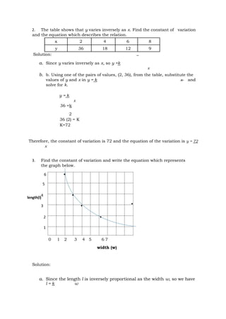 b. Using one point, (2, 6), from the graph, substitute the values of w and l
in l = k and solve for k.
w
Therefore, the co...
