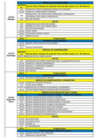 ROTEIR
O:
Rua da Guia/ Rampa do Arsenal/ Rua do Bom Jesus/ Av. Rio Branco.
16h MARACATU MIRIM CAMBINDA ESTRELA DO AMANHÃ
16h40 TRIBO DE CABOCLINHOS CANDIDÉ
ORQUESTRA DE FREVO NOVA PRIMAVERA (ITINERANTE)
CIA BRASIL POR DANÇA (PASSISTAS)
19h BOI DE MAINHA
19h ORQUESTRA DO MAESTRO NUNES
20H SAMBA DE COCO DAS IRMÃS LOPES
21h AFOXÉ OXUM PANDÁ
22h20 TONY VERAS
23h40 CARLINHOS MONTE VERDE
01h MARIA DA PAZ
Hora Programação
15h30 BANDA MIRIM RAÍZES DE QUILOMBO
16h às
17h FADAS MAGRINHAS
ROTEIR
O: Rua da Guia/ Rampa do Arsenal/ Rua do Bom Jesus/ Av. Rio Branco.
A partir das 17hENCONTRO DE CABOCLINHOS
20h ORQUESTRA DE FREVO HENRIQUE DIAS (LANÇAMENTO DO CD)
21h10 MARACATU NAÇÃO PERNAMBUCO
22h20 MICHELLE MONTEIRO E BANDA
23h40 ANTONIO NÓBREGA
00h50 ED CARLOS
Hora Programação
15h30 PALHAÇO PIPOQUINHA E BANDA
16h30 MARACATU NAÇÃO ESTRELAR
17h URSO ZÉ DA PINGA
ORQUESTRA DE FREVO FELICIDADES (ITINERANTE)
CIA DE DANÇA ANGELITA KEROLAYNE (PASSISTAS)
DESFILE DE BLOCOS DE PAU E CORDA
15h CONCENTRAÇÃO E SAÍDA - PRAÇA DO DIÁRIO
18h30 BLOCO CARNAVALESCO UTOPIA E PAIXÃO
18h45 BLOCO CARNAVALESCO ROSAS DA BOA VISTA
19h BLOCO CARNAVALESCO COMPOSITORES E FOLIÕES
19h15 BOLCO CARNAVALESCO FLABELO ENCANTADO
19h30 BLOCO CARNAVALESCO EDITE NO CORDÃO
19h45 BLOCO CARNAVALESCO BOÊMIOS DA BOA VISTA
20h BLOCO CARNAVALESCO SERESTEIRO DE SALGADINHO
20h15 BLOCO ARTESÃOS DE PERNAMBUCO
21h10 CILA DO COCO
22h20 LUCIENE LOYCE
23h40 SAMBA 10
01h A TROMBONADA
Hora Programação
15h30 GRUPO INFANTIL SOL MENORES
16h MARACATU NAÇAO ERÊ
PROGRAMAÇÃO INFANTIL (palco)
15/02
Domingo
PROGRAMAÇÃO INFANTIL
DESFILE DE AGREMIAÇÕES
PALCO
16/02
Segunda-
Feira
PROGRAMAÇÃO INFANTIL
DESFILE DE AGREMIAÇÕES E ORQUESTRA
17h30 às
18h30
PALCO
14/02
Sábado
DESFILE DE AGREMIAÇÕES
18h
PALCO
 