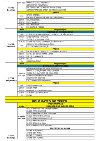 MARACATU SOL NASCENTE
ORQUESTRA FREVÁRZEA
BALÉ POPULAR DO RECIFE (PASSISTAS)
CONCENTRAÇÃO E SAÍDA DO AFOXÉ ARÁ ODÉ
ÓPERA BAJADO
GRUPO DE FREVO TIA MARISA (PASSISTAS)
20h10 LULA QUEIROGA
21h30 EDILZA AIRES
22h50 LUIZ MELODIA
0h EM CANTO E POESIA
Hora Programação
DESFILE DE AGREMIAÇÕES
16h CLUBE DE BONECO MENINO DO PÁTIO DE SÃO PEDRO
16h30 CABOCLINHOS TAPIRAPÉ
17h TROÇA C.M. CAMISA VEHA
17h30 CLUBE DE FREVO GIRASSOL DA BOA VISTA
ORQUESTRA ADELMO APOLÔNIO
CIA. DE DANÇA TRADIÇÃO
19h ORQUESTRA DO MAESTRO EDSON RODRIGUES
20h10 SAMBA DE COCO IRMÃS LOPES
21h20 LIA DE ITAMARACÁ
22h40 ISAAR
0h MARCELO JENECI
Hora Programação
BOI CARA BRANCA DE LICA DE LIMOEIRO
MARACATU NAÇÃO ENCANTO DO PINA
TROÇA C.M. BATUTAS DE ÁGUA FRIA
TRIBO DE ÍNDIO TUPINIQUINS
ORQUESTRA FREVOÉ
CIA. EXPRESSÃO DA DANÇA
19h SILVÉRIO PESSOA
20h10 NÁDIA MAIA
21h20 ADRIANA B PERNAMBATUQUE
22h40 ACADEMIA DA BERLINDA
0h CHINA
HORA ENCONTRO DE BLOCOS AFRO
BLOCO AFRO RAÍZES DO QUILOMBO
BLOCO AFRO OBÁ NIJÉ
BLOCO AFRO RESISTÊNCIA NEGRA
BLOCO AFRO IMBOLA NEGO
BLOCO AFRO UNIÃO DO PELÔ
BLOCO AFRO MEMÓRIA
BLOCO AFRO OJU OBÁ
BLOCO AFRO DARUÊ MALUNGO
ENCONTRO DE AFOXÉ
AFOXÉ ALAFIN OYÓ
AFOXÉ OBÁ AYRÁ
AFOXÉ ELEGBARÁ
AFOXÉ OYÁ TOKOLÉ
POLO PÁTIO DO TERÇO
15/02
Domingo
PROGRAMAÇÃO
a partir
das 17h
16/02
Segunda
18h
PALCO
17/02
Terça-Feira
DESFILE DE AGREMIAÇÕES
a partir
das 16h
PALCO
15/02
Domingo
a partir das 16h
PALCO
19h
 