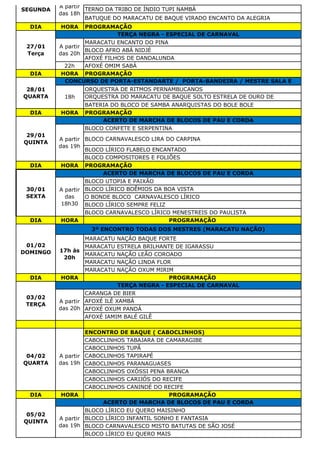 TERNO DA TRIBO DE ÍNDIO TUPI NAMBÁ
BATUQUE DO MARACATU DE BAQUE VIRADO ENCANTO DA ALEGRIA
DIA HORA PROGRAMAÇÃO
MARACATU ENCANTO DO PINA
BLOCO AFRO ABÁ NIDJÉ
AFOXÉ FILHOS DE DANDALUNDA
22h AFOXÉ OMIM SABÁ
DIA HORA PROGRAMAÇÃO
ORQUESTRA DE RITMOS PERNAMBUCANOS
ORQUESTRA DO MARACATU DE BAQUE SOLTO ESTRELA DE OURO DE
CONDADOBATERIA DO BLOCO DE SAMBA ANARQUISTAS DO BOLE BOLE
DIA HORA PROGRAMAÇÃO
BLOCO CONFETE E SERPENTINA
BLOCO CARNAVALESCO LIRA DO CARPINA
BLOCO LÍRICO FLABELO ENCANTADO
BLOCO COMPOSITORES E FOLIÕES
DIA HORA PROGRAMAÇÃO
BLOCO UTOPIA E PAIXÃO
BLOCO LÍRICO BOÊMIOS DA BOA VISTA
O BONDE BLOCO CARNAVALESCO LÍRICO
BLOCO LÍRICO SEMPRE FELIZ
BLOCO CARNAVALESCO LÍRICO MENESTREIS DO PAULISTA
DIA HORA PROGRAMAÇÃO
MARACATU NAÇÃO BAQUE FORTE
MARACATU ESTRELA BRILHANTE DE IGARASSU
MARACATU NAÇÃO LEÃO COROADO
MARACATU NAÇÃO LINDA FLOR
MARACATU NAÇÃO OXUM MIRIM
DIA HORA PROGRAMAÇÃO
CARANGA DE BIER
AFOXÉ ILÊ XAMBÁ
AFOXÉ OXUM PANDÁ
AFOXÉ IAMIM BALÉ GILÊ
ENCONTRO DE BAQUE ( CABOCLINHOS)
CABOCLINHOS TABAJARA DE CAMARAGIBE
CABOCLINHOS TUPÃ
CABOCLINHOS TAPIRAPÉ
CABOCLINHOS PARANAGUASES
CABOCLINHOS OXÓSSI PENA BRANCA
CABOCLINHOS CARIJÓS DO RECIFE
CABOCLINHOS CANINDÉ DO RECIFE
DIA HORA PROGRAMAÇÃO
BLOCO LÍRICO EU QUERO MAISINHO
BLOCO LÍRICO INFANTIL SONHO E FANTASIA
BLOCO CARNAVALESCO MISTO BATUTAS DE SÃO JOSÉ
BLOCO LÍRICO EU QUERO MAIS
ACERTO DE MARCHA DE BLOCOS DE PAU E CORDA
A partir
das 19h
ACERTO DE MARCHA DE BLOCOS DE PAU E CORDA
A partir
das
18h30
3º ENCONTRO TODAS DOS MESTRES (MARACATU NAÇÃO)
TERÇA NEGRA - ESPECIAL DE CARNAVAL
A partir
das 20h
26/01
SEGUNDA
27/01
Terça
28/01
QUARTA
30/01
SEXTA
29/01
QUINTA
A partir
das 18h
TERÇA NEGRA - ESPECIAL DE CARNAVAL
A partir
das 20h
CONCURSO DE PORTA-ESTANDARTE / PORTA-BANDEIRA / MESTRE SALA E
FLABELISTA
18h
ACERTO DE MARCHA DE BLOCOS DE PAU E CORDA
A partir
das 19h
01/02
DOMINGO 17h às
20h
A partir
das 19h
03/02
TERÇA
05/02
QUINTA
04/02
QUARTA
 