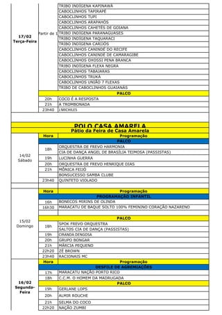 TRIBO INDÍGENA KAPINAWÁ
CABOCLINHOS TAPIRAPÉ
CABOCLINHOS TUPI
CABOCLINHOS ARAPAHÓS
CABOCLINHOS CAHETÉS DE GOIANA
TRIBO INDÍGENA PARANAGUASES
TRIBO INDÍGENA TAQUARACI
TRIBO INDÍGENA CARIJÓS
CABOCLINHOS CANINDÉ DO RECIFE
CABOCLINHOS CANINDÉ DE CAMARAGIBE
CABOCLINHOS OXOSSI PENA BRANCA
TRIBO INDÍGENA FLEXA NEGRA
CABOCLINHOS TABAJARAS
CABOCLINHOS TRUKÁ
CABOCLINHOS UNIÃO 7 FLEXAS
TRIBO DE CABOCLINHOS GUAIANÁS
20h COCO É A RESPOSTA
21h A TROMBONADA
23h40 J.MICHILES
Hora Programação
ORQUESTRA DE FREVO HARMONIA
CIA DE DANÇA ANGEL DE BRASÍLIA TEIMOSA (PASSISTAS)
19h LUCINHA GUERRA
20h ORQUESTRA DE FREVO HENRIQUE DIAS
21h MÔNICA FEIJÓ
BONSUCESSO SAMBA CLUBE
23h40 QUINTETO VIOLADO
Hora Programação
16h BONECOS MIRINS DE OLINDA
16h30 MARACATU DE BAQUE SOLTO 100% FEMININO CORAÇÃO NAZARENO
SPOK FREVO ORQUESTRA
SALTOS CIA DE DANÇA (PASSISTAS)
19h CIRANDA DENGOSA
20h GRUPO BONGAR
21h MÁRCIA PEQUENO
22h20 ZÉ BROWN
23h40 RACIONAIS MC
Hora Programação
17h MARACATU NAÇÃO PORTO RICO
18h C.C.M. O HOMEM DA MADRUGADA
19h GERLANE LOPS
20h ALMIR ROUCHE
21h SELMA DO COCO
22h20 NAÇÃO ZUMBI
15/02
Domingo
PROGRAMAÇÃO INFANTIL
PALCO
18h
16/02
Segunda-
Feira
DESFILE DE AGREMIAÇÕES
PALCO
POLO CASA AMARELA
Pátio da Feira de Casa Amarela
14/02
Sábado
PALCO
18h
17/02
Terça-Feira
A Partir de 14h
PALCO
 