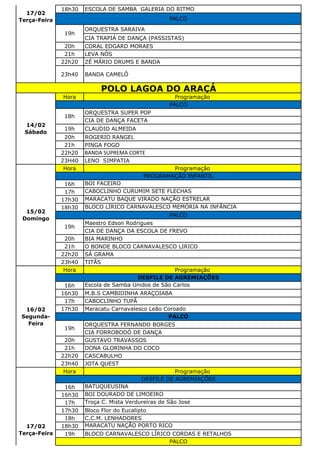 18h30 ESCOLA DE SAMBA GALERIA DO RITMO
ORQUESTRA SARAIVA
CIA TRAPIÁ DE DANÇA (PASSISTAS)
20h CORAL EDGARD MORAES
21h LEVA NÓS
22h20 ZÉ MÁRIO DRUMS E BANDA
23h40 BANDA CAMELÔ
Hora Programação
ORQUESTRA SUPER POP
CIA DE DANÇA FACETA
19h CLAUDIO ALMEIDA
20h ROGERIO RANGEL
21h PINGA FOGO
22h20 BANDA SUPREMA CORTE
23H40 LENO SIMPATIA
Hora Programação
16h BOI FACEIRO
17h CABOCLINHO CURUMIM SETE FLECHAS
17h30 MARACATU BAQUE VIRADO NAÇÃO ESTRELAR
18h30 BLOCO LÍRICO CARNAVALESCO MEMÓRIA NA INFÂNCIA
Maestro Edson Rodrigues
CIA DE DANÇA DA ESCOLA DE FREVO
20h BIA MARINHO
21h O BONDE BLOCO CARNAVALESCO LIRICO
22h20 SÁ GRAMA
23h40 TITÃS
Hora Programação
16h Escola de Samba Unidos de São Carlos
16h30 M.B.S CAMBIDINHA ARAÇOIABA
17h CABOCLINHO TUPÃ
17h30 Maracatu Carnavalesco Leão Coroado
ORQUESTRA FERNANDO BORGES
CIA FORROBODÓ DE DANÇA
20h GUSTAVO TRAVASSOS
21h DONA GLORINHA DO COCO
22h20 CASCABULHO
23h40 JOTA QUEST
Hora Programação
16h BATUQUEUSINA
16h30 BOI DOURADO DE LIMOEIRO
17h Troça C. Mista Verdureiras de São Jose
17h30 Bloco Flor do Eucalipto
18h C.C.M. LENHADORES
18h30 MARACATU NAÇÃO PORTO RICO
19h BLOCO CARNAVALESCO LÍRICO CORDAS E RETALHOS
16/02
Segunda-
Feira
DESFILE DE AGREMIAÇÕES
PALCO
19h
17/02
Terça-Feira
DESFILE DE AGREMIAÇÕES
PALCO
14/02
Sábado
PALCO
18h
15/02
Domingo
PROGRAMAÇÃO INFANTIL
PALCO
19h
17/02
Terça-Feira PALCO
19h
POLO LAGOA DO ARAÇÁ
 