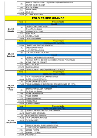 Maestro FÁBIO CÉSAR - Orquestra Raízes Pernambucanas
SALTOS CIA DE DANÇA
20h SOM DA TERRA
21h MARIA DAPAZ
22h20 BELO XIS
23h40 ALCIMAR MONTEIRO
Hora Programação
ORQUESTRA CUNHA FILHO
Grupo Mariza Lopes
20h MOLEQUE ATREVIDO
21h ROSA MAIA
22h20 VALDIR AFONJÁ
23h40 CRISTINA AMARAL
Hora Programação
16h30 CAVALO MARINHO BOI PINTADO
17h CABOCLINHO TRUKÁ
17h30 M.B.S PANTERA NOVA
18h TCM ESTOU AQUI DE NOVO
ORQUESTRA DE FREVO APIPUCOS
Passistas de frevo do Balé Expressão & Arte de Pernambuco
20h AFOXÉ POVO DE OGUNTÉ
21h PAULO PECADO
22h20 IRAH CALDEIRA
23h40 ORQUESTRA DO MAESTRO FERNANDO BORGES
Hora Programação
16h T.C.M. DESTEMIDO DE CAMPO GRANDE
16h30 BLOCO LÍRICO SINTAZUL
17h AFOXÉ OMÔ NILÊ OGUNJÁ
17h30 TRIBO CABOCLINHO CANINDÉ DE SÃO LOURENÇO DA MATA
ORQUESTRA NELSON FERREIRA
Cia Brasil por Dança
19H AFOXÉ OXUM PANDÁ
20h PINGO CASTER
21h GERALDINHO LINS
22h20 MACIEL MELO
23h40 NONO GERMANO
Hora Programação
16h ORQUESTRA POPULAR DE CASA AMARELA
16h20 FACETA CIA DE DANÇA
17h M.B.S NAÇÃO CAMBINDA
17h40 T.C.M CARIRI OLINDENSE
18h20 C.C.M DAS PÁS
ORQUESTRA BOM SUCESSO DO COQUE
CIA DE DANÇA E TEATRO 100%SHOW
20h SÉRGIO FERRAZ
21h HERBERT LUCENA
22h20 JOSILDO SÁ
16/02
Segunda-
Feira
DESFILE DE AGREMIAÇÕES
PALCO
18h
17/02
Terça-Feira
DESFILE DE AGREMIAÇÕES
PALCO
19h
POLO CAMPO GRANDE
14/02
Sábado
PALCO
19h
15/02
Domingo
PROGRAMAÇÃO INFANTIL
PALCO
19h
19h
 