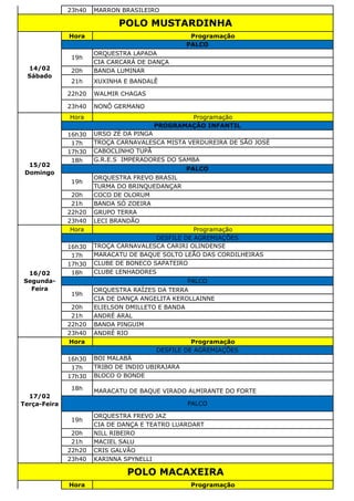23h40 MARRON BRASILEIRO
Hora Programação
ORQUESTRA LAPADA
CIA CARCARÁ DE DANÇA
20h BANDA LUMINAR
21h XUXINHA E BANDALÊ
22h20 WALMIR CHAGAS
23h40 NONÔ GERMANO
Hora Programação
16h30 URSO ZÉ DA PINGA
17h TROÇA CARNAVALESCA MISTA VERDUREIRA DE SÃO JOSÉ
17h30 CABOCLINHO TUPÃ
18h G.R.E.S IMPERADORES DO SAMBA
ORQUESTRA FREVO BRASIL
TURMA DO BRINQUEDANÇAR
20h COCO DE OLORUM
21h BANDA SÓ ZOEIRA
22h20 GRUPO TERRA
23h40 LECI BRANDÃO
Hora Programação
16h30 TROÇA CARNAVALESCA CARIRI OLINDENSE
17h MARACATU DE BAQUE SOLTO LEÃO DAS CORDILHEIRAS
17h30 CLUBE DE BONECO SAPATEIRO
18h CLUBE LENHADORES
ORQUESTRA RAÍZES DA TERRA
CIA DE DANÇA ANGELITA KEROLLAINNE
20h ELIELSON DMILLETO E BANDA
21h ANDRÉ ARAL
22h20 BANDA PINGUIM
23h40 ANDRÉ RIO
Hora Programação
16h30 BOI MALABÁ
17h TRIBO DE INDIO UBIRAJARA
17h30 BLOCO O BONDE
18h MARACATU DE BAQUE VIRADO ALMIRANTE DO FORTE
ORQUESTRA FREVO JAZ
CIA DE DANÇA E TEATRO LUARDART
20h NILL RIBEIRO
21h MACIEL SALU
22h20 CRIS GALVÃO
23h40 KARINNA SPYNELLI
Hora Programação
POLO MACAXEIRA
16/02
Segunda-
Feira
DESFILE DE AGREMIAÇÕES
PALCO
19h
17/02
Terça-Feira
DESFILE DE AGREMIAÇÕES
PALCO
19h
POLO MUSTARDINHA
14/02
Sábado
PALCO
19h
15/02
Domingo
PROGRAMAÇÃO INFANTIL
PALCO
19h
 