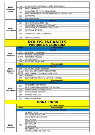 16h ASSOCIAÇÃO CABOCLINHO UNIÃO SETE FLEXAS
17h AFOXÉ OMIM SABÁ
ORQUESTRA SÓ FREVO (ITINERANTE)
BALÉ EXPRESSÃO E ARTE DE PERNAMBUCO (PASSISTAS)
19h LIA MORAIS
20h WALMIR CHAGAS
16h GRUPO INDÍGENA FEEA-HIA
ORQUESTRA TANGARÁS (ITINERANTE)
CIA DE DANÇA FORROBODÓ (PASSISTAS)
18h XUXINHA E BANDALÊ
19h TCM ABANADORES DO ARRUDA
20h HERBERT LUCENA
Hora Programação
15h PICADEIRO PERNAMBUCO
MENDES E ORQUESTRA
PASSISTAS FOLIÕES
18h TIO BRUNINHO
19h MARACATU NAÇÃO ERÊ
Hora Programação
15h MARACATU NAÇÃO ESTRELAR
GIL E SUA ORQUESTRA (ITINERANTE)
BALÉ DEVERAS (INFANTIL) PASSISTAS
18h MINIROCK
19h BLOCO LÍRICO INFANTIL SONHO E FANTASIA
Hora Programação
ORQUESTRA SOM BRASIL
GRUPO MASCARADO PALHAÇO DE OLINDA
16h BLOCO AFRO DARUÊ MALUNGO
17h CABOCLINHOS CURUMIM
18h ROMERO ANDRADE
19h FADAS MAGRINHAS
Av. Boa Viagem
Hora Programação
URSO PÉ DE LÃ
BOI ESTRELA DO RECIFE
URSO TEIMOSO DA TORRE
BOI FACEIRO
URSO TEXACO
BOI TA TA TÁ
URSO PANDA
BOI MARACATU
URSO CANGAÇÁ DE ÁGUA FRIA
17/02
Terça Feira
PALCO
15h
DONA LINDU
15/02
Domingo
ENCONTRO DE BOIS E URSOS
15h
15/02
Domingo
PALCO
16h ÀS
17h40
16/02
Segunda
Feira
PALCO
16h ÀS
17h30
17/02
Terça-Feira
PALCO
17h
POLOS INFANTIS
PARQUE DA JAQUEIRA
16/02
Segunda-
Feira
18h
 