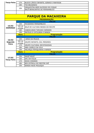 17h BLOCO LÍRICO INFANTIL SONHO E FANTASIA
18h TIO BRUNINHO
ORQUESTRA BOM SUCESSO DO COQUE
BALÉ BRINCANTES DE PERNAMBUCO
15h PICADEIRO PERNAMBUCO
16h às
17h30
BALÉ DE CULTURA NEGRA DO RECIFE
18h CABOCLINHO TAPUIAS CAMARÁS
19h MATEUS E CATILINDA E BANDA
Hora Programação
15h URSO DA PELEJA
16h às
17h30
GRUPO INFANTIL SOL MENORES
17h GRUPO CULTURAL RECIFOGOSAS
18h MBS CAMELO DA VILA
19h PALHAÇO PIPOQUINHA E BANDA
Hora Programação
15h MAGÊ MOLÊ
16h EPC EM FOLIA
17h NOVA CIRANDA
18h BOI ESTRELA DO MESTRE DIÉ
19h BANDA NAVE MOLEQUE
17/02
Terça Feira
PALCO
PARQUE DA MACAXEIRA
PROGRAMAÇÃO
15/02
DOMINGO
PALCO
16/02
Segunda
Feira
PALCO
17/02
Terça Feira
19h
 