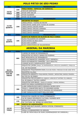 DIA HORA PROGRAMAÇÃO
TERÇA NEGRA - ESPECIAL DE CARNAVAL
COCO DO SANTIAGO
20H AFOXÉ OMÔ ABÁ DÊ
21H AFOXÉ ELEGBARÁ
22H AFOXÉ YLÊ DE EGBÁ
DIA HORA PROGRAMAÇÃO
ENCONTRO DE BAQUE
CABOCLINHOS 7 FLEXAS DO RECIFE
CABOCINHOS UNIÃO SETE FLEXAS DE GOIANA
CABOCLINHOS CARIJÓS MIRIM
CABOCLINHOS TAPUIAS CAMARÁS
CABOCLINHOS TAPERAGUASES
CABOCLINHOS ARAPAÓS
DIA HORA PROGRAMAÇÃO
ACERTO DE MARCHA DE BLOCOS DE PAU E CORDA
BLOCO FOLGUEDOS DE SURUBIM
BLOCO ROSAS DA BOA VISTA
BLOCO DAS ILUSÕES
BLOCO SERESTEIROS DE SALGADINHOS
DIA HORA PROGRAMAÇÃO
CLARINS DE MOMO DE PERNAMBUCO
ORQUESTRA DE FREVO E BANDA DO RUBINHO
BALÉ BRINCANTES DE PERNAMBUCO
PORTA-ESTANDARTES CAMPEÕES 2015 ( INFANTIL)
PORTA-ESTANDARTES CAMPEÕES 2015 (ADULTO)
O BONDE BLOCO CARNAVALESCO LÍRICO
ORQUESTRA CAPIBA (PRAÇA DA INDEPENDENCIA / PÁTIO DO LIVRAMENTO / PRAÇA DA
INDEPENDENCIA)
CIA. DE FOLGUEDOS
ORQUESTRA PEQUENININHA BOA (P.DE SÃO PEDRO / MERCADO DE SÃO JOSÉ/ PÁTIO
DE S. PEDRO)
PASSISTAS FOLIÕES
ORQUESTRA AMIZARTE ( PRAÇA MARCIEL PINHEIRO / IMPERATRINS / MARCIEL PINHEIRO)
SALTOS CIA. DE DANÇA
ORQUESTRA FREVIOCANDO (PÇ J.NABUCO / LARGO DE STº ANTÔNIO / PÇ J.NABUCO)
CIA. DE DANÇA E TEATRO LUARDAT
ORQUESTRA SOM BRASIL (PRAÇA DO ARSENAL / MOEDA/ ARSENAL)
GRUPO DE DANÇA GUERREIROS DO PASSO
CLUBE CARNAVALESCO MISTO GIRASSOL DA BOA VISTA
TROÇA C. COMUNITÁRIO MIXTA TÔ CHEGANDO AGORA
BLOCO CARNAVALESCO MISTO MADEIRA DO ROSARINHO
CLUBE CARNAVALESCO MISTO BOLA DE OURO
PROGRAMAÇÃO
ORQUESTRA CANÇÃO DO FREVO (ITINERANTE)
CIA DE DANÇA MOVIMENTO CULTURAL FAZENDO ARTE
ORQUESTRA CAPIBA (ITINERANTE)
CIA. CULTURAL DA BOMBA DO HEMETÉRIO
18H DESFILE DE AGREMIAÇÕES
AFOXÉ OMO NILÊ OGUNJÁ ( DESFILE OFICIAL ITINERANTE)
BOI MALABÁ
TROÇA C.M.ABANADORES DO ARRUDA
CLUBE DE FREVO BOLA DE OURO (HOMENAGEADO DO CARNAVAL)
10/02
TERÇA
16h
17h
ARSENAL DA MARINHA
09/02
SEGUNDA
DIA DO
FREVO
06h
16h
18h
10/02
TERÇA
19H
11/02
QUARTA
19H
12/02
QUINTA
19h
POLO PÁTIO DE SÃO PEDRO
 