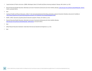 42 © 2013, SHAPE America. All rights reserved. For individual use only. For permission to reprint, visit www.shapeamerica.org/permissions or e-mail permissions@shapeamerica.org.
44 Superintendent of Public Instruction. (2008). Washington State k-12 health and fitness learning standards. Olympia, WA: Author. (p. 101).
45 Physical Education/Health Education: Manitoba Curriculum Framework of Outcomes for Active Healthy Lifestyles. www.edu.gov.mb.ca/k12/cur/physhlth/grade_10.htm-
l?print, accessed 1/9/12.
46 Ibid.
47 Society of Health and Physical Educators. (2012. P. 25). Instructional framework for fitness education in physical education [Guidance document]. Available at
http://www.shapeamerica.org/standards/guidelines/loader.cfm?csModule=security/getfile&pageid=9264
48 NASPE. (1992). Outcomes of quality physical education programs. Reston, VA: Author. (p. 16).
49 Physical Education/Health Education: Manitoba Curriculum Framework of Outcomes for Active Healthy Lifestyles,
www.edu.gov.mb.ca/k12/cur/physhlth/grade_10html?print. Accessed 1/9/12.
50 Ibid.
51 (Ohio) Physical Education Standards: Grade Band Overview by Standard and Organizers. (p. 115).
52 Ibid.
 