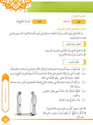 137
‫ُملسملا‬‫َع‬‫هيخَأل ٌنْو‬
: ِ‫ة‬ َ‫ريم‬ َ‫ك‬ ْ‫ال‬ ِ‫يات‬ ْ‫ل‬ ِ‫ل‬ ُّ‫ي‬ِ‫مال‬ ْ‫ج‬ ِ ْ‫ال‬ ‫ى‬ َ‫ن‬ ْ‫ع‬ َ‫م‬ ْ‫ال‬
‫في‬ َ‫و‬ُ‫ه‬ ‫ى‬َ‫ع‬‫س‬َ‫ي‬ ‫ما‬َ‫ك‬، ِ‫واآلخرة‬ ‫نيا‬ُّ‫الد‬ ِ‫مور‬ُ‫أ‬ ‫في‬ ِ‫ه‬ِ‫حاجات‬ َ‫َضاء‬‫ق‬ ُ‫ه‬َ‫ل‬ ُ‫ر‬ ِّ‫س‬َ‫ي‬ُ‫ي‬‫و‬ ،َ‫د‬ْ‫ب‬َ‫ع‬‫ال‬ ُ‫عين‬ُ‫ي‬ ‫عالى‬َ‫ت‬ َ‫ه‬َّ‫ل‬‫ال‬ َّ‫ن‬ِ‫إ‬
.ِ‫ه‬ِ‫وان‬ْ‫خ‬ِ‫إ‬ ِ‫ة‬َ‫حاج‬ ِ‫َضاء‬‫ق‬
: ُ‫ص‬ ِ‫ل‬ ْ‫خ‬ َ‫ت‬ ْ‫س‬َ‫وأ‬ ، ُ‫ش‬ ِ‫ناق‬ُ‫أ‬
: ُ‫جيب‬ُ‫وأ‬ ،ُ‫أ‬ َ‫ر‬ ْ‫ق‬َ‫أ‬
‫؟‬ ِ‫ريف‬ َّ‫الش‬ ِ‫ديث‬َ‫الح‬ ‫في‬ ُ‫ه‬ُ‫ذكر‬ َ‫د‬َ‫ر‬ َ‫و‬ ‫َّذي‬‫ل‬‫ا‬ ُ‫العمل‬ ‫ما‬ 1
‫؟‬َ‫رين‬َ‫خ‬‫اآل‬ ُ‫د‬ِ‫ساع‬ُ‫ي‬ ْ‫ن‬َ‫م‬ ُ‫َواب‬‫ث‬ ‫ما‬ 2
‫؟‬َ‫تاجين‬ْ‫ح‬ُ‫الم‬ ٍ‫وسعيد‬ ٍ‫م‬ِ‫سال‬ ْ‫ن‬ِ‫م‬ ٌّ‫كل‬ ُ‫سيعين‬ َ‫كيف‬ 1
ِ‫ه‬ْ‫ي‬َ‫ل‬َ‫ع‬ ٍ‫م‬ِ‫سال‬ ‫و‬ ٍ‫سعيد‬ ُ‫ثواب‬ َ‫يكون‬ ْ‫ن‬َ‫أ‬ ُ‫َّع‬‫ق‬َ‫و‬َ‫ت‬َ‫أ‬ ‫ما‬ ُ‫ر‬ُ‫ك‬ْ‫ذ‬َ‫أ‬ 2
.ِ‫َّه‬‫ل‬‫ال‬ َ‫عند‬
: ِ‫دات‬ َ‫ر‬ ْ‫ف‬ ُ‫م‬ ْ‫ال‬ ‫عاني‬ َ‫م‬
.ِ‫ّه‬‫ل‬‫ل‬ ُ‫طيع‬ُ‫ْم‬‫ل‬‫ا‬ ُ‫اإلنسان‬ ُ‫العبد‬ .ِ‫ة‬َ‫د‬َ‫ع‬‫سا‬ُ‫م‬ ِ‫ن‬ ْ‫و‬َ‫ع‬
‫؟‬ِ‫ة‬َّ‫ي‬ِ‫سان‬ْ‫ن‬‫اإل‬ ِ‫دات‬َ‫ع‬‫سا‬ُ‫م‬‫ال‬‫في‬‫ا‬ًّ‫ي‬‫عالم‬ ِ‫ل‬َّ‫و‬َ‫أل‬‫ا‬ ِ‫ز‬َ‫ك‬ْ‫ر‬َ‫م‬‫ال‬ِ‫ب‬ ْ‫ت‬َ‫فاز‬ َ‫ة‬َ‫ب‬‫بي‬َ‫الح‬‫نا‬ِ‫إمارات‬ َّ‫ن‬َ‫أ‬ ُ‫سعيد‬‫يا‬ ُ‫ف‬ِ‫عر‬َ‫ت‬ ْ‫ل‬َ‫ه‬ 	:ٌ‫م‬ِ‫سال‬
ِ‫بن‬ ِ‫زايد‬ ِ‫خ‬‫ي‬ َّ‫الش‬ ِ‫د‬َ‫ي‬ ‫لى‬َ‫ع‬‫ها‬ ِ‫سيس‬ْ‫أ‬َ‫ت‬ ُ‫ذ‬ْ‫ن‬ُ‫م‬ َ‫حتاجين‬ُ‫م‬‫ال‬ ِ‫ة‬َ‫ن‬‫عا‬ِ‫إ‬ ‫لى‬َ‫ع‬ ُ‫ص‬ِ‫ر‬ْ‫ح‬َ‫ت‬ ‫نا‬َ‫ت‬‫ل‬ْ‫و‬َ‫د‬ َّ‫ن‬ِ‫إ‬ ،‫خي‬َ‫أ‬ ‫يا‬ ،ْ‫م‬َ‫ع‬َ‫ن‬	:ٌ‫سعيد‬
‫؟‬ َ‫ك‬ِ‫ذل‬ ‫في‬ ‫نا‬ُ‫ت‬َ‫و‬ْ‫ُد‬‫ق‬ َ‫و‬ُ‫ه‬َ‫و‬ - ‫عالى‬َ‫ت‬ ُ‫ه‬َّ‫ل‬‫ال‬ ُ‫ه‬َ‫م‬ِ‫ح‬َ‫ر‬ -َ‫لطان‬ ُ‫س‬
‫ا‬ً‫محتاج‬ َ‫ساعد‬ ْ‫ن‬َ‫م‬َ‫ف‬ ‫؟‬َ‫حتاجين‬ُ‫م‬‫ال‬ ِ‫غاثة‬ِ‫إل‬ ِ‫ع‬ُّ‫بر‬َّ‫ت‬‫ال‬ ِ‫الت‬َ‫م‬َ‫ح‬ ‫في‬ ِ‫ة‬َ‫ك‬‫للمشار‬ َ‫ب‬َ‫نذه‬ ْ‫ن‬َ‫أ‬ َ‫ك‬ُ‫ي‬ْ‫أ‬َ‫ر‬ ‫:	ما‬ٌ‫م‬ِ‫سال‬
‫؟‬ُ‫ه‬َّ‫ل‬‫ال‬ ُ‫ه‬َ‫د‬َ‫ع‬‫سا‬
ِ‫س‬ِ‫الب‬َ‫م‬‫ال‬ َ‫بعض‬ ‫عي‬َ‫م‬ ُ‫ذ‬ُ‫خ‬‫آ‬ َ‫س‬ ‫نا‬َ‫أ‬‫و‬ ،ٌ‫ة‬َ‫تاز‬ْ‫م‬ُ‫م‬ ٌ‫ة‬‫ْر‬‫ك‬ِ‫:	ف‬ٌ‫سعيد‬
.ِ‫قود‬ُّ‫ن‬‫وال‬
.ٍ‫ة‬َّ‫ي‬‫ذائ‬ِ‫غ‬ َّ‫د‬‫بموا‬ ُ‫ع‬َّ‫ر‬َ‫ب‬َ‫ت‬‫سأ‬ ‫نا‬َ‫أ‬‫و‬ 	:ٌ‫م‬ِ‫سال‬
 