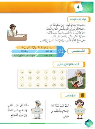 40
4
َ‫ريم‬ َ‫ك‬ ْ‫ال‬ َ‫آن‬ ْ‫ر‬ ُ‫ق‬ ْ‫ال‬ َ‫و‬ ُ‫ل‬ ْ‫ت‬َ‫أل‬ ‫؛‬ ُ‫ب‬ َّ‫ر‬ َ‫د‬ َ‫ت‬َ‫أ‬
‫تي‬ َ‫م‬ ْ‫ص‬ َ‫ب‬ ُ‫ع‬ َ‫ض‬َ‫أ‬
••َ‫كان‬ْ‫ر‬َ‫أ‬ ُ‫ذ‬ِّ‫ف‬َ‫ن‬ُ‫أ‬ َ‫ف‬ْ‫ي‬َ‫ك‬ ُ‫َّم‬‫ل‬َ‫ع‬َ‫ت‬َ‫أ‬
‫في‬‫ها‬ُ‫ق‬ِّ‫ب‬َ‫ط‬ُ‫أ‬َ‫و‬،ِ‫م‬‫ال‬ ْ‫س‬ِ ْ‫ال‬
.‫ياتي‬َ‫ح‬
••ِ‫قير‬َ‫ف‬ْ‫ل‬‫ا‬ ‫لى‬َ‫ع‬ ُ‫ق‬ َّ‫د‬ َ‫ص‬َ‫ت‬َ‫أ‬
ُ‫ة‬َّ‫ب‬َ‫ح‬َ‫م‬ْ‫ل‬‫ا‬ َ‫د‬‫سو‬َ‫ت‬ِ‫ل‬‫؛‬ِ‫تاج‬ْ‫ح‬ُ‫م‬ْ‫ل‬‫ا‬َ‫و‬
.ِ‫ع‬َ‫م‬َ‫ت‬ْ‫ج‬ُ‫ْم‬‫ل‬‫ا‬ ِ‫ْراد‬‫ف‬َ‫أ‬ َ‫ن‬ْ‫ي‬َ‫ب‬
‫تي‬ َّ‫ي‬ ِ‫ؤول‬ ْ‫س‬ َ‫م‬ ‫لوكي‬ ُ‫س‬:‫ني‬ َ‫ط‬ َ‫و‬ ُّ‫ب‬ ِ‫ح‬ُ‫أ‬
‫ال‬‫ال‬‫با‬‫ل‬‫ـال‬‫ـل‬
‫لح‬‫بلب‬‫ك‬‫ـكـ‬‫كب‬‫كا‬
‫بكت‬‫تكث‬‫ب‬‫ت‬‫ن‬‫ي‬
40
‫فاهيمي‬ َ‫م‬ ُ‫م‬ ِّ‫ظ‬ َ‫ن‬ُ‫أ‬
‫اإلسالم‬ ‫أركان‬ ‫فوائد‬
ِ‫ّه‬‫ل‬‫ال‬ ُ‫سول‬َ‫ر‬ ‫ا‬ً‫د‬َّ‫م‬َ‫ح‬ُ‫م‬ َّ‫ن‬َ‫أ‬َ‫ و‬ُ‫ه‬ّ‫ل‬‫ال‬ ّ‫ل‬ِ‫إ‬ َ‫ه‬َ‫ل‬ِ‫إ‬ ‫ال‬ ْ‫ن‬َ‫أ‬ ُ‫ة‬َ‫د‬‫ها‬ َ‫ش‬
ِ‫كاة‬َّ‫الز‬ ُ‫إيتاء‬ 		ِ‫الة‬ َّ‫الص‬ ُ‫م‬‫قا‬ِ‫إ‬ 	
‫بيال‬ َ‫س‬ ِ‫ه‬ْ‫ي‬َ‫ل‬ِ‫إ‬ َ‫ع‬‫طا‬َ‫ت‬ ْ‫اس‬ ِ‫ن‬َ‫م‬ ِ‫ت‬ْ‫ي‬َ‫ب‬ْ‫ل‬‫ا‬ ُّ‫ج‬َ‫ح‬ َ‫ضان‬َ‫م‬َ‫ر‬ ُ‫م‬ْ‫و‬ َ‫ص‬ 	
••.ِ‫ْكار‬‫ذ‬َ ْ‫ال‬ ِ‫م‬َ‫ظ‬ْ‫ع‬َ‫أ‬ ْ‫ن‬ِ‫م‬َ‫و‬ ،ِ‫نان‬ِ‫ْج‬‫ل‬‫ا‬ ُ‫تاح‬ْ‫ف‬ِ‫م‬ ِ‫تان‬َ‫د‬‫ها‬ َّ‫الش‬
••.َ‫َة‬‫ف‬‫ظا‬َّ‫ن‬‫ال‬َ‫و‬ َ‫م‬‫ظا‬ِّ‫ن‬‫ال‬ ‫ني‬ُ‫ِّم‬‫ل‬َ‫ع‬ُ‫ت‬َ‫و‬ ،ِ‫ّه‬‫ل‬‫ال‬ ‫َى‬‫ل‬ِ‫إ‬ ‫ني‬ُ‫ب‬ ِّ‫ر‬َ‫ق‬ُ‫ت‬ ُ‫ة‬‫ال‬ َّ‫الص‬
••.َ‫ياء‬ِ‫ن‬ْ‫غ‬َ ْ‫ال‬ ُّ‫ب‬ِ‫ح‬ُ‫ي‬ ُ‫ه‬ُ‫ل‬َ‫ع‬ْ‫ج‬َ‫ت‬َ‫و‬ ،ِ‫قير‬َ‫ف‬ْ‫ل‬‫ا‬ َ‫ة‬َ‫حاج‬ ُّ‫د‬ ُ‫س‬َ‫ت‬ ُ‫ة‬‫كا‬َّ‫الز‬
••.ِ‫راء‬َ‫ق‬ُ‫ف‬ْ‫ل‬‫ا‬ ‫َى‬‫ل‬َ‫ع‬ َ‫ف‬ْ‫ط‬َ‫ع‬ْ‫ل‬‫ا‬َ‫و‬ َ‫ر‬ْ‫ب‬ َّ‫الص‬ ‫ني‬ُ‫ِّم‬‫ل‬َ‫ع‬ُ‫ي‬ ُ‫م‬ْ‫و‬ َّ‫الص‬
••.ْ‫م‬ِ‫ه‬ ِ‫ض‬ْ‫ع‬َ‫ب‬ َ‫ع‬َ‫م‬ َ‫مون‬ِ‫ل‬ ْ‫س‬ُ‫ْم‬‫ل‬‫ا‬ ُ‫ف‬َ‫عار‬َ‫ت‬َ‫ي‬ َ‫و‬ ، ِ‫نوب‬ُّ‫لذ‬ِ‫ل‬ ٌ‫ة‬َ‫ار‬ّ‫ف‬َ‫ك‬ ِّ‫ج‬َ‫ْح‬‫ل‬‫ا‬ ‫في‬
‫أركان‬
‫اإلسالم‬
 
