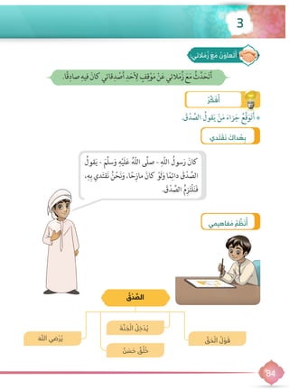 3
84
‫دي‬ َ‫ت‬ ْ‫ق‬ َ‫ن‬ َ‫داك‬ ُ‫ه‬ ِ‫ب‬
••. َ‫ق‬ْ‫د‬ ِّ‫الص‬ ُ‫قول‬َ‫ي‬ ْ‫ن‬َ‫م‬ َ‫زاء‬َ‫ج‬ ُ‫َّع‬‫ق‬َ‫و‬َ‫ت‬َ‫أ‬
.‫ًا‬‫ق‬ِ‫صاد‬ ِ‫فيه‬ َ‫كان‬‫قائي‬ِ‫د‬ ْ‫ص‬َ‫أ‬ ِ‫د‬َ‫ح‬ ِ‫ل‬ ٍ‫ف‬ِ‫ق‬ْ‫و‬َ‫م‬ ْ‫ن‬َ‫ع‬‫الئي‬َ‫م‬ُ‫ز‬ َ‫ع‬َ‫م‬ ُ‫ث‬َّ‫د‬َ‫ح‬َ‫ت‬َ‫أ‬
ُ‫قول‬َ‫ي‬ - َ‫َّم‬‫ل‬‫س‬َ‫و‬ ِ‫ه‬ْ‫ي‬َ‫ل‬َ‫ع‬ ُ‫ه‬ّ‫ل‬‫ال‬ ‫َّى‬‫ل‬‫ص‬ - ِ‫ّه‬‫ل‬‫ال‬ ُ‫سول‬َ‫ر‬ َ‫كان‬
،ِ‫ه‬ِ‫ب‬ ‫دي‬َ‫ت‬‫ق‬َ‫ن‬ ُ‫ن‬ْ‫ح‬َ‫ن‬َ‫و‬ ،‫ا‬ً‫ح‬ِ‫ماز‬ َ‫كان‬ ْ‫َو‬‫ل‬َ‫و‬ ‫ا‬ً‫م‬ِ‫دائ‬ َ‫ق‬ْ‫د‬ ِّ‫الص‬
. َ‫ق‬ْ‫د‬ ِّ‫الص‬ ُ‫م‬ِ‫ز‬َ‫ت‬ْ‫ل‬َ‫ن‬َ‫ف‬
‫فاهيمي‬ َ‫م‬ ُ‫م‬ ِّ‫ظ‬ َ‫ن‬ُ‫أ‬
َ‫ة‬ َّ‫ن‬ َ‫ج‬ْ‫ال‬ ُ‫ل‬ ِ‫خ‬ ْ‫د‬ ُ‫ي‬
ٌ‫ن‬ َ‫س‬ َ‫ح‬ ٌ‫ق‬ ُ‫ل‬ ُ‫خ‬
َ‫هللا‬ ‫ضي‬ ْ‫ر‬ ُ‫ي‬ ِّ‫ق‬ َ‫ح‬ْ‫ال‬ ُ‫ل‬ ْ‫و‬ َ‫ق‬
ُ‫ق‬ ْ‫د‬ ِّ‫الص‬
ُ‫ر‬ ِّ‫ك‬ َ‫ف‬ُ‫أ‬
:‫الئي‬ َ‫م‬ ُ‫ز‬ َ‫ع‬ َ‫م‬ ُ‫ن‬ َ‫عاو‬ َ‫ت‬َ‫أ‬
 