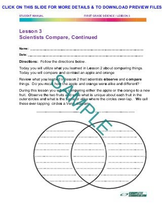 STUDENT
	
Less
Scie
Name:
Date: __
Directi
Today
Today
Review
things.
During
fruit. O
outer c
these o
T MANUAL
son 3
ntists
_________
_________
ions: Fol
you will u
you will c
w what you
Do you r
this lesso
Observe th
circles and
over-lappi
_____
____
_____
_______
______
______
_____
___
Comp
__________
__________
low the d
tilize wha
ompare a
u learned
recall how
on you wil
he two fru
d what is t
ng circles
________
_________
__________
_________
__________
__________
__________
__________
__________
________
are, Co
_________
__________
irections b
at you lear
and contra
in lesson
w the appl
ll be comp
its and wr
the same
s a Venn
_________
________
________
________ _
_____ __
_____ __
_____ _
_______
_________
_________
FIRST
ontinu
__________
_________
below.
rned in Le
ast an app
n 2 that sc
e and ora
paring eith
rite what i
or alike w
diagram.
___
_______
_________
_________
__________
__________
_________
_ ______
_____
T GRADE SC
ued
_________
__________
esson 2 ab
ple and or
cientists o
ange were
her the ap
is unique
where the
______
_____
_____ ___
_______
________
________
________
_______
_____ ___
_______
CIENCE / LES
__________
_________
bout comp
range
observe a
e alike and
pple or the
about eac
circles ov
________
_________
_________
________
________
________
________
_________
__________
__________
SSON 3
_________
__________
paring thi
nd comp
d different
e orange t
ch fruit in
ver-lap. W
_______
________
__________
__________
_________
_________
_________
_________
__________
_____
	
	
_____
____
ngs.
are
t?
to a new
the
We call
_
____
_____
______
_____
___
__
SAM
PLE
CLICK ON THIS SLIDE FOR MORE DETAILS & TO DOWNLOAD PREVIEW FILES!
 