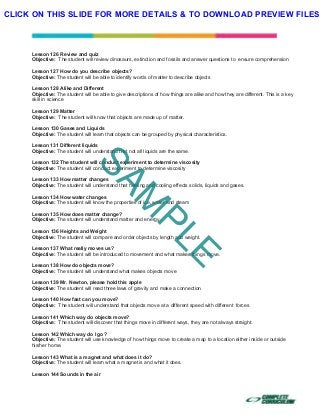  
 
 
 
Lesson 126 Review and quiz
Objective: The student will review dinosaurs, extinction and fossils and answer questions to ensure comprehension
Lesson 127 How do you describe objects?
Objective: The student will be able to identify words of matter to describe objects
Lesson 128 Alike and Different
Objective: The student will be able to give descriptions of how things are alike and how they are different. This is a key
skill in science
Lesson 129 Matter
Objective: The student will know that objects are made up of matter.
Lesson 130 Gases and Liquids
Objective: The student will learn that objects can be grouped by physical characteristics.
Lesson 131 Different liquids
Objective: The student will understand that not all liquids are the same.
Lesson 132 The student will conduct experiment to determine viscosity
Objective: The student will conduct experiment to determine viscosity
Lesson 133 How matter changes
Objective: The student will understand that heating and cooling effects solids, liquids and gases.
Lesson 134 How water changes
Objective: The student will know the properties of ice, water and steam
Lesson 135 How does matter change?
Objective: The student will understand matter and energy.
Lesson 136 Heights and Weight
Objective: The student will compare and order objects by length and weight.
Lesson 137 What really moves us?
Objective: The student will be introduced to movement and what makes things move.
Lesson 138 How do objects move?
Objective: The student will understand what makes objects move
Lesson 139 Mr. Newton, please hold this apple
Objective: The student will read three laws of gravity and make a connection
Lesson 140 How fast can you move?
Objective: The student will understand that objects move at a different speed with different forces
Lesson 141 Which way do objects move?
Objective: The student will discover that things move in different ways, they are not always straight.
Lesson 142 Which way do I go?
Objective: The student will use knowledge of how things move to create a map to a location either inside or outside
his/her home.
Lesson 143 What is a magnet and what does it do?
Objective: The student will learn what a magnet is and what it does.
Lesson 144 Sounds in the air
SAM
PLE
CLICK ON THIS SLIDE FOR MORE DETAILS & TO DOWNLOAD PREVIEW FILES!
 