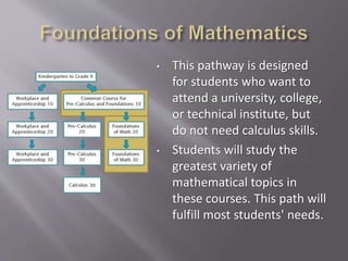 • This pathway is designed
for students who want to
attend a university, college,
or technical institute, but
do not need calculus skills.
• Students will study the
greatest variety of
mathematical topics in
these courses. This path will
fulfill most students' needs.
 