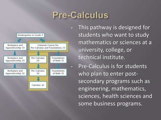 • This pathway is designed for
students who want to study
mathematics or sciences at a
university, college, or
technical institute.
• Pre-Calculus is for students
who plan to enter post-
secondary programs such as
engineering, mathematics,
sciences, health sciences and
some business programs.
 
