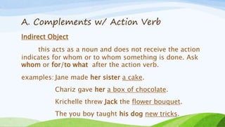 A. Complements w/ Action Verb
Indirect Object
this acts as a noun and does not receive the action
indicates for whom or to whom something is done. Ask
whom or for/to what after the action verb.
examples: Jane made her sister a cake.
Chariz gave her a box of chocolate.
Krichelle threw Jack the flower bouquet.
The you boy taught his dog new tricks.
 