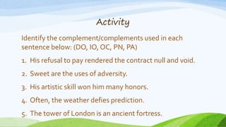 Activity
Identify the complement/complements used in each
sentence below: (DO, IO, OC, PN, PA)
1. His refusal to pay rendered the contract null and void.
2. Sweet are the uses of adversity.
3. His artistic skill won him many honors.
4. Often, the weather defies prediction.
5. The tower of London is an ancient fortress.
 