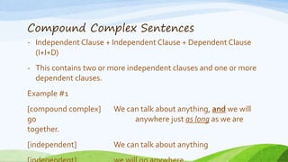 Compound Complex Sentences
- Independent Clause + Independent Clause + Dependent Clause
(I+I+D)
- This contains two or more independent clauses and one or more
dependent clauses.
Example #1
[compound complex] We can talk about anything, and we will
go anywhere just as long as we are
together.
[independent] We can talk about anything
 