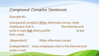 Compound Complex Sentences
Example #2
[compound complex] When afternoon comes, most
employees chat in the Internet and
write e-mail, but others prefer to eat
their snack.
[dependent] When afternoon comes
[independent] most employees chat in the Internet and
write e-mail.
 