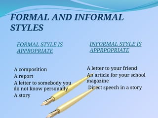 FORMAL STYLE IS
APPROPRIATE
INFORMAL STYLE IS
APPRPOPRIATE
A composition
A report
A letter to somebody you
do not know personally
A story
A letter to your friend
An article for your school
magazine
Direct speech in a story
FORMAL AND INFORMAL
STYLES
 