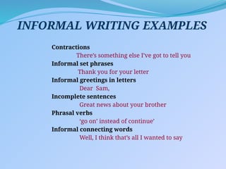 INFORMAL WRITING EXAMPLES
Contractions
There’s something else I’ve got to tell you
Informal set phrases
Thank you for your letter
Informal greetings in letters
Dear Sam,
Incomplete sentences
Great news about your brother
Phrasal verbs
‘go on’ instead of continue’
Informal connecting words
Well, I think that’s all I wanted to say
 