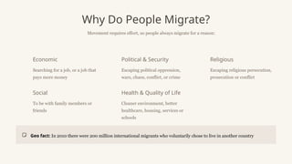 Why Do People Migrate?
Movement requires effort, so people always migrate for a reason:
Economic
Searching for a job, or a job that
pays more money
Political & Security
Escaping political oppression,
wars, chaos, conflict, or crime
Religious
Escaping religious persecution,
prosecution or conflict
Social
To be with family members or
friends
Health & Quality of Life
Cleaner environment, better
healthcare, housing, services or
schools
Geo fact: In 2010 there were 200 million international migrants who voluntarily chose to live in another country
 