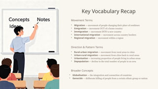 Key Vocabulary Recap
Movement Terms
• Migration — movement of people changing their place of residence
• Emigration — movement OUT of a home country
• Immigration — movement INTO a new country
• International migration — movement across country borders
• Regional migration — movement within a region
Direction & Pattern Terms
• Rural-urban migration — movement from rural areas to cities
• Urban-rural migration — movement from cities back to rural areas
• Urbanisation — increasing proportion of people living in urban areas
• Depopulation — decline in the total number of people in an area
Broader Concepts
• Globalisation — the integration and connection of countries
• Genocide — deliberate killing of people from a certain ethnic group or nation
 
