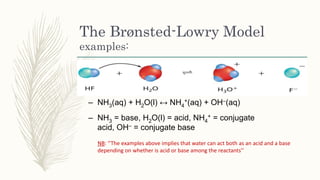 The Brønsted-Lowry Model
examples:
– NH3(aq) + H2O(l) ↔ NH4
+(aq) + OH–(aq)
– NH3 = base, H2O(l) = acid, NH4
+ = conjugate
acid, OH– = conjugate base
NB: ‘’The examples above implies that water can act both as an acid and a base
depending on whether is acid or base among the reactants’’
 