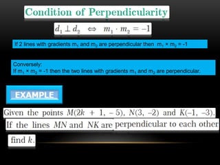 If 2 lines with gradients m1 and m2 are perpendicular then m1 × m2 = -1
Conversely:
If m1 × m2 = -1 then the two lines with gradients m1 and m2 are perpendicular.
 