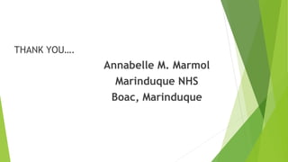 THANK YOU….
Annabelle M. Marmol
Marinduque NHS
Boac, Marinduque
 