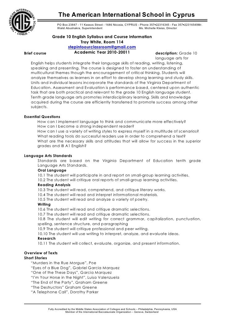 grade 10 english syllabus 20102011