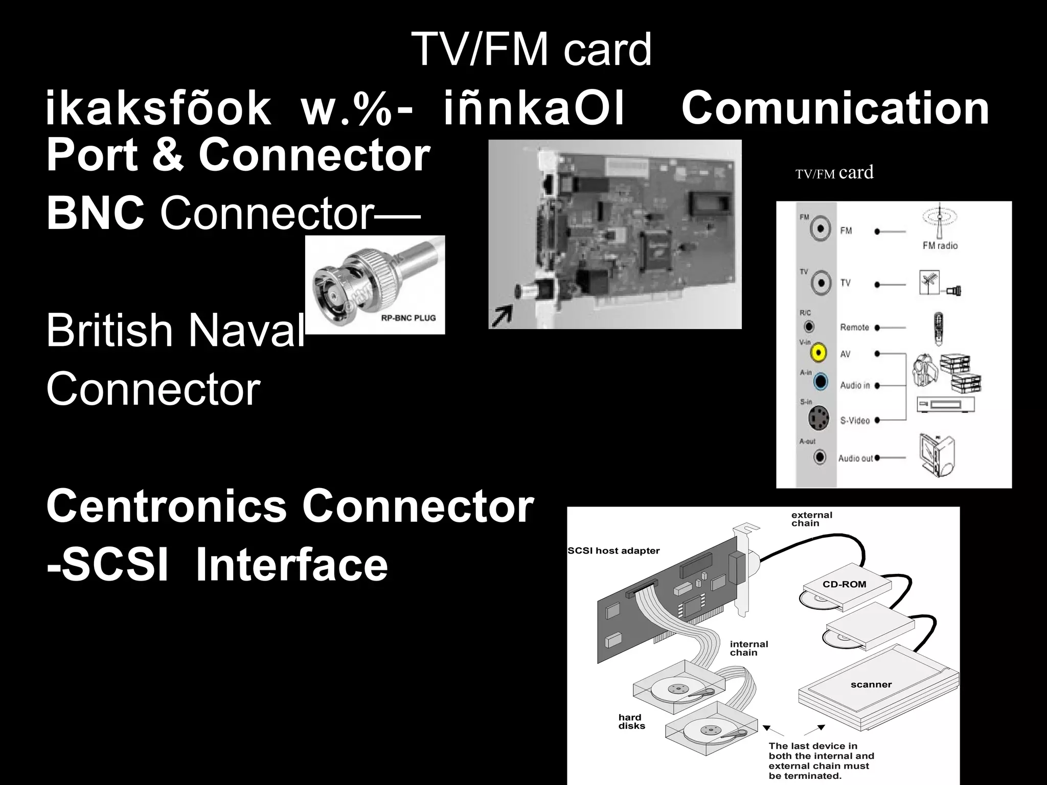 TV/FM card
.%-ikaksfõok w iñnkaOl Comunication
Port & Connector
BNC Connector—
British Naval
Connector
Centronics Connector
-SCSI Interface
TV/FM card
The last device in
both the internal and
external chain must
be terminated.
SCSI host adapter
CD-ROM
hard
disks
scanner
external
chain
internal
chain
 